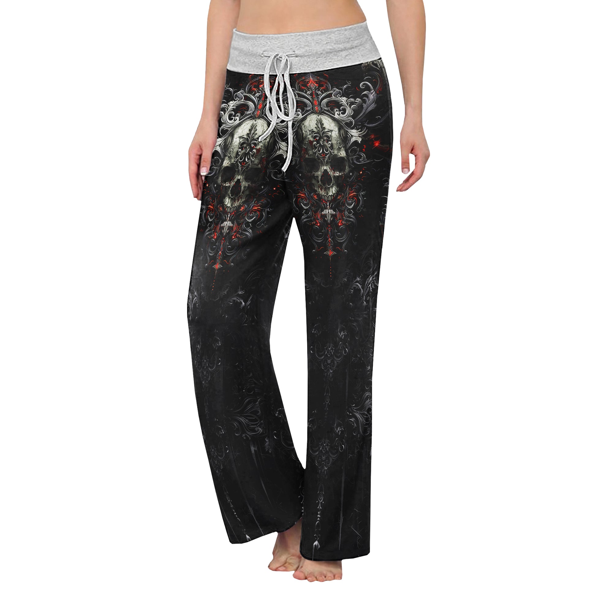 Grey Skull Gothic Art Women's High-waisted Wide Leg Pants | Wonder Skull