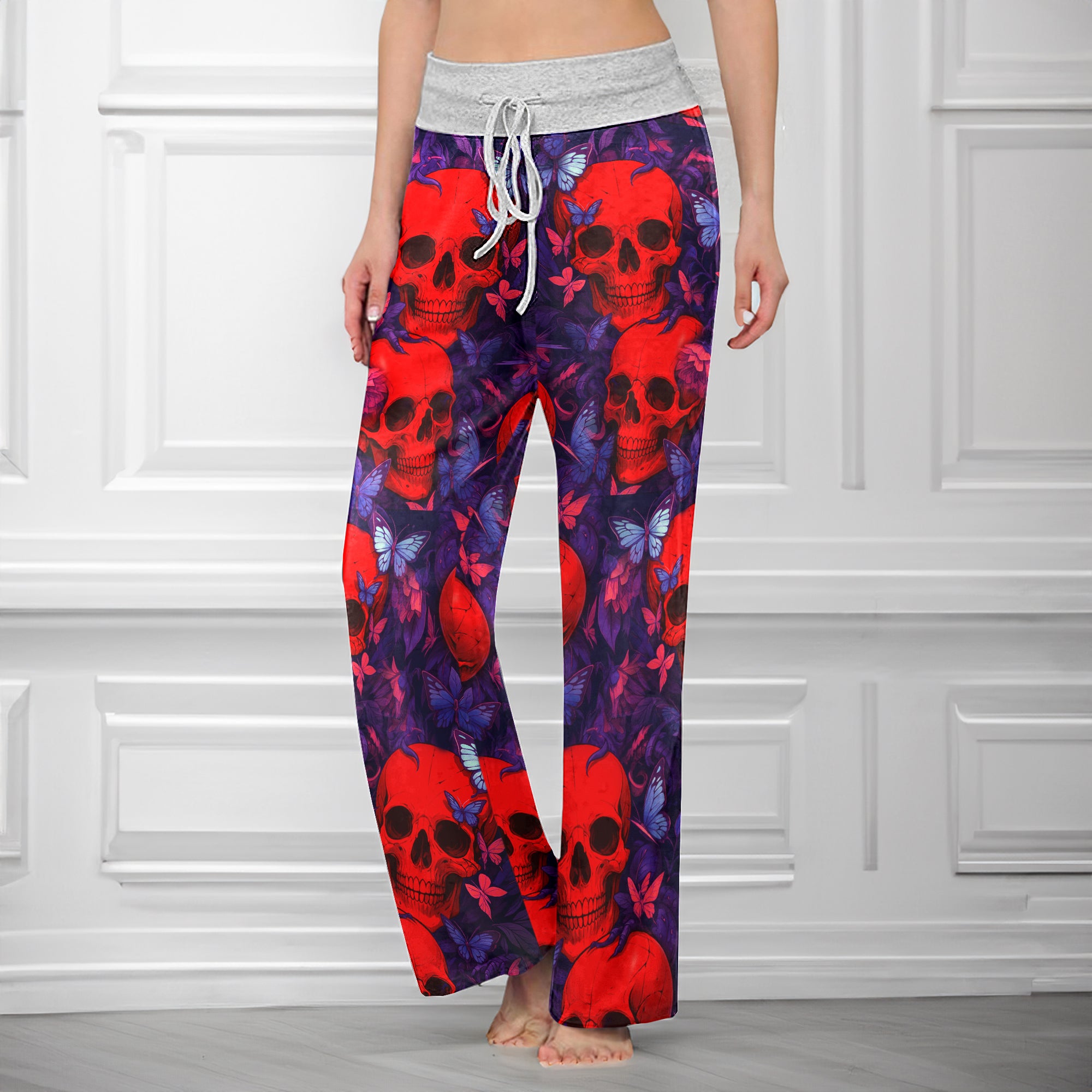 Red Skull Abstract Pattern Women's High-waisted Wide Leg Pants
