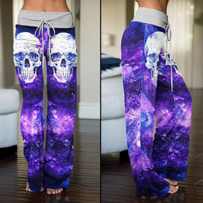 Purple Ornament Skull High-waisted Wide Leg Pants - Wonder Skull