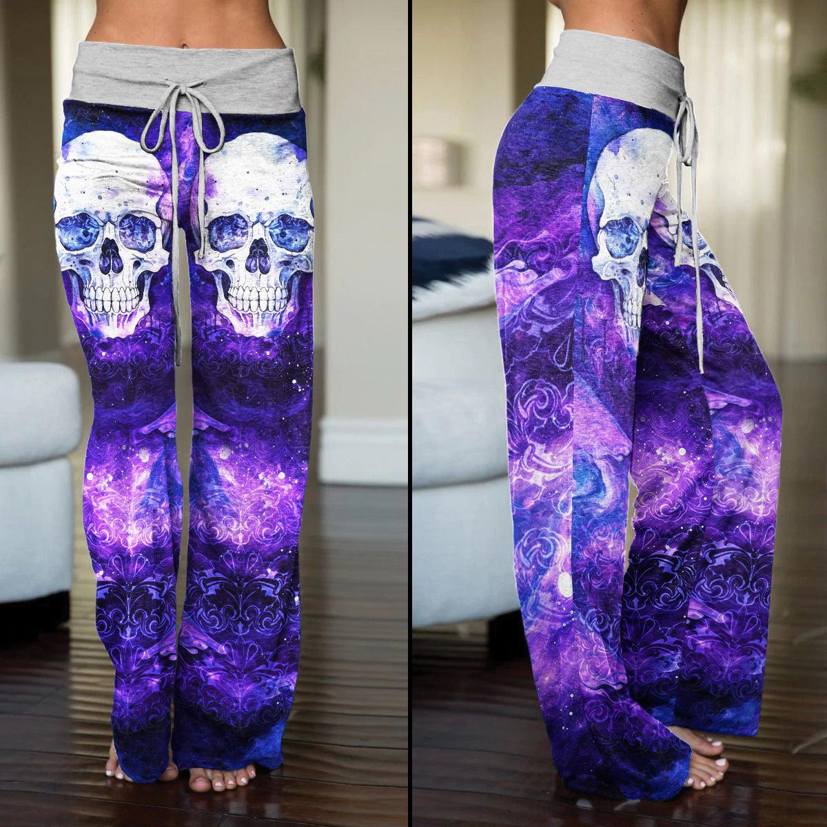 Purple Ornament Skull High-waisted Wide Leg Pants - Wonder Skull