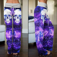 Purple Ornament Skull High-waisted Wide Leg Pants - Wonder Skull