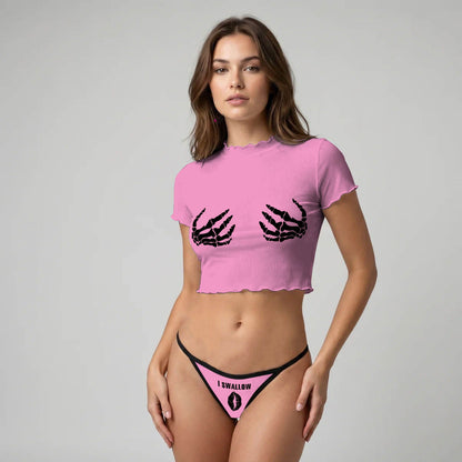 Pink Bone Embrace Mesh Lettuce Edge Crop Top Thong Set