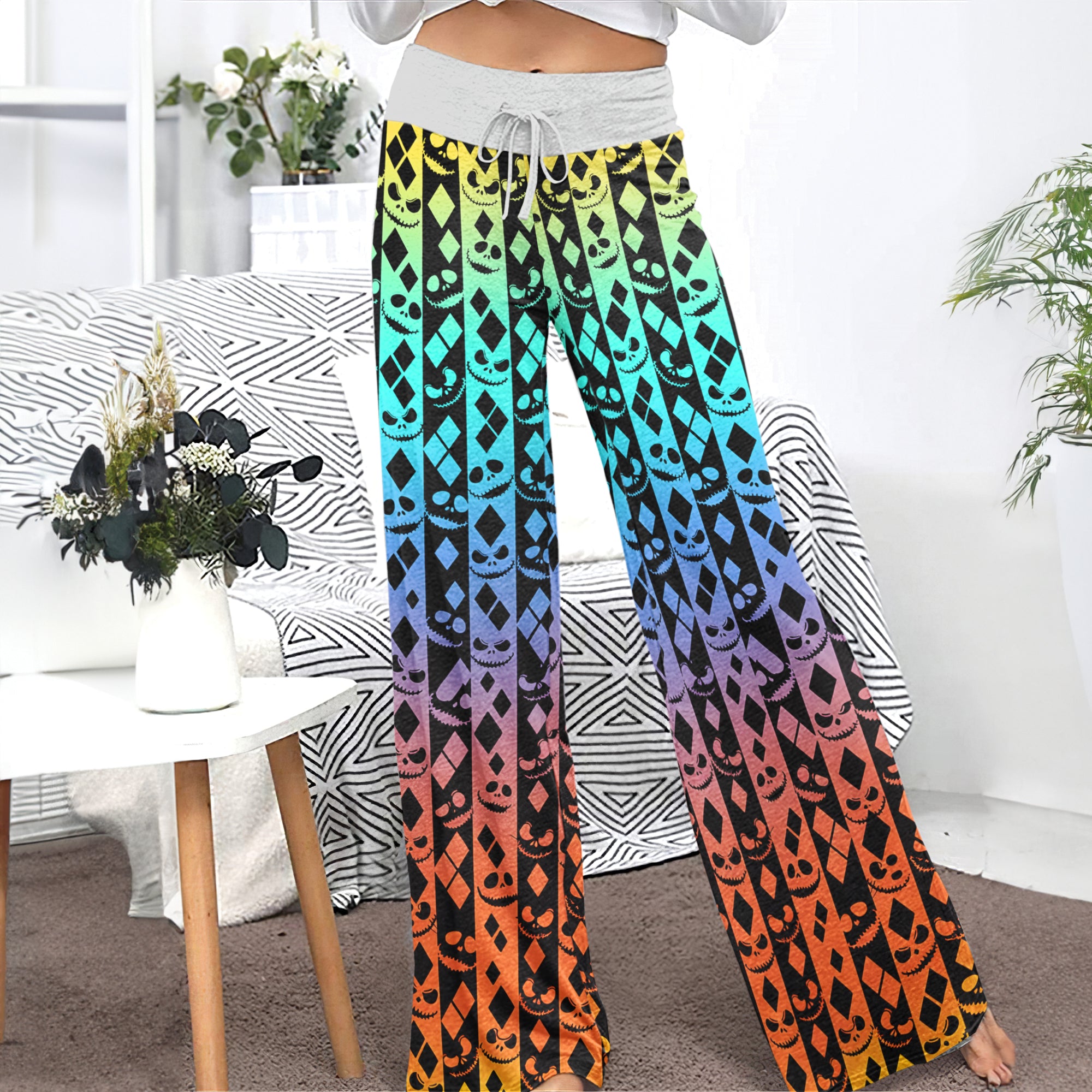 Colorful Skull Diamond Art Women's High-waisted Wide Leg Pants