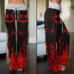 Red Fire Emo Skull High-waisted Wide Leg Pants - Wonder Skull