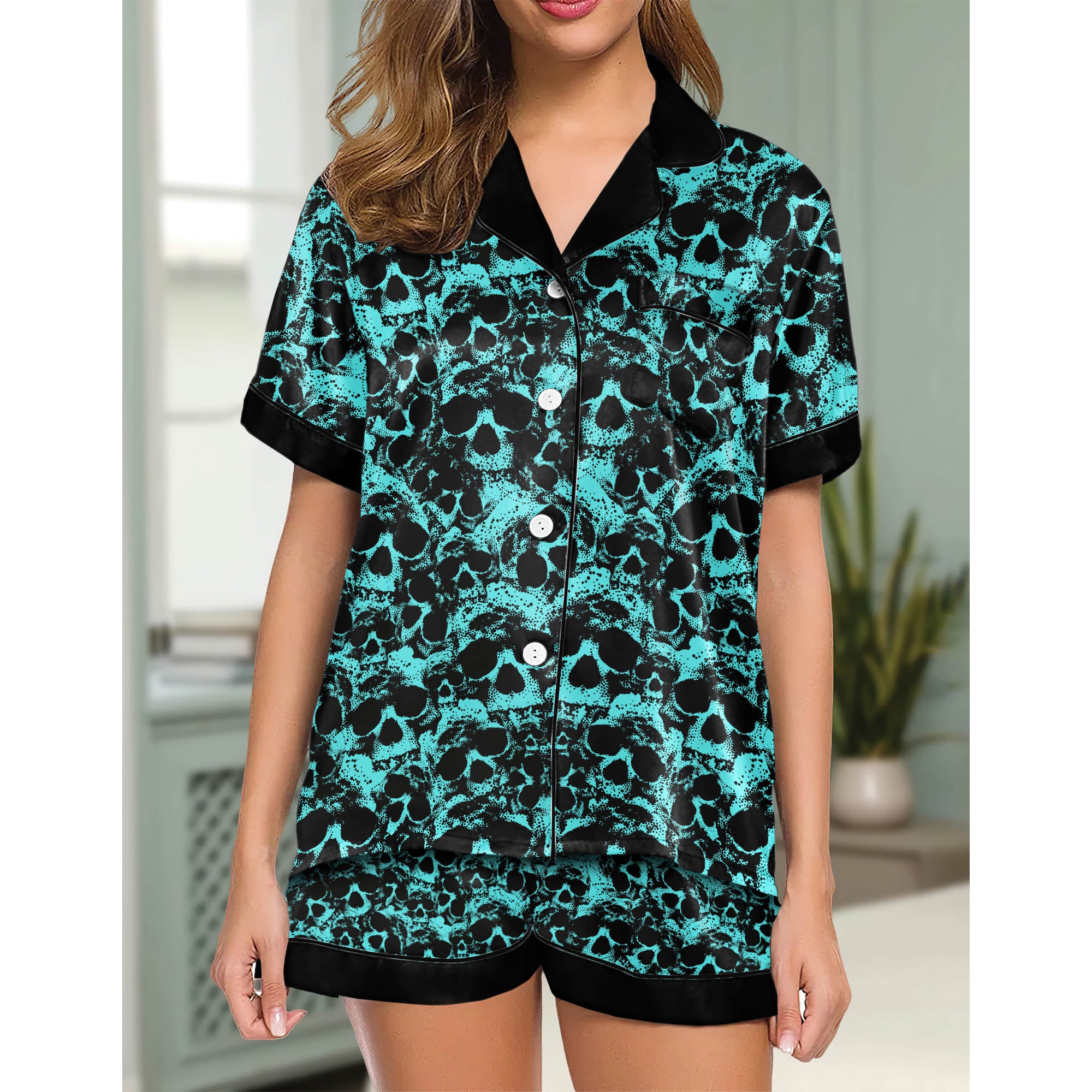 Cyan Skull Pattern Women's Pajama Sets Top Sleeve & Short Bottom