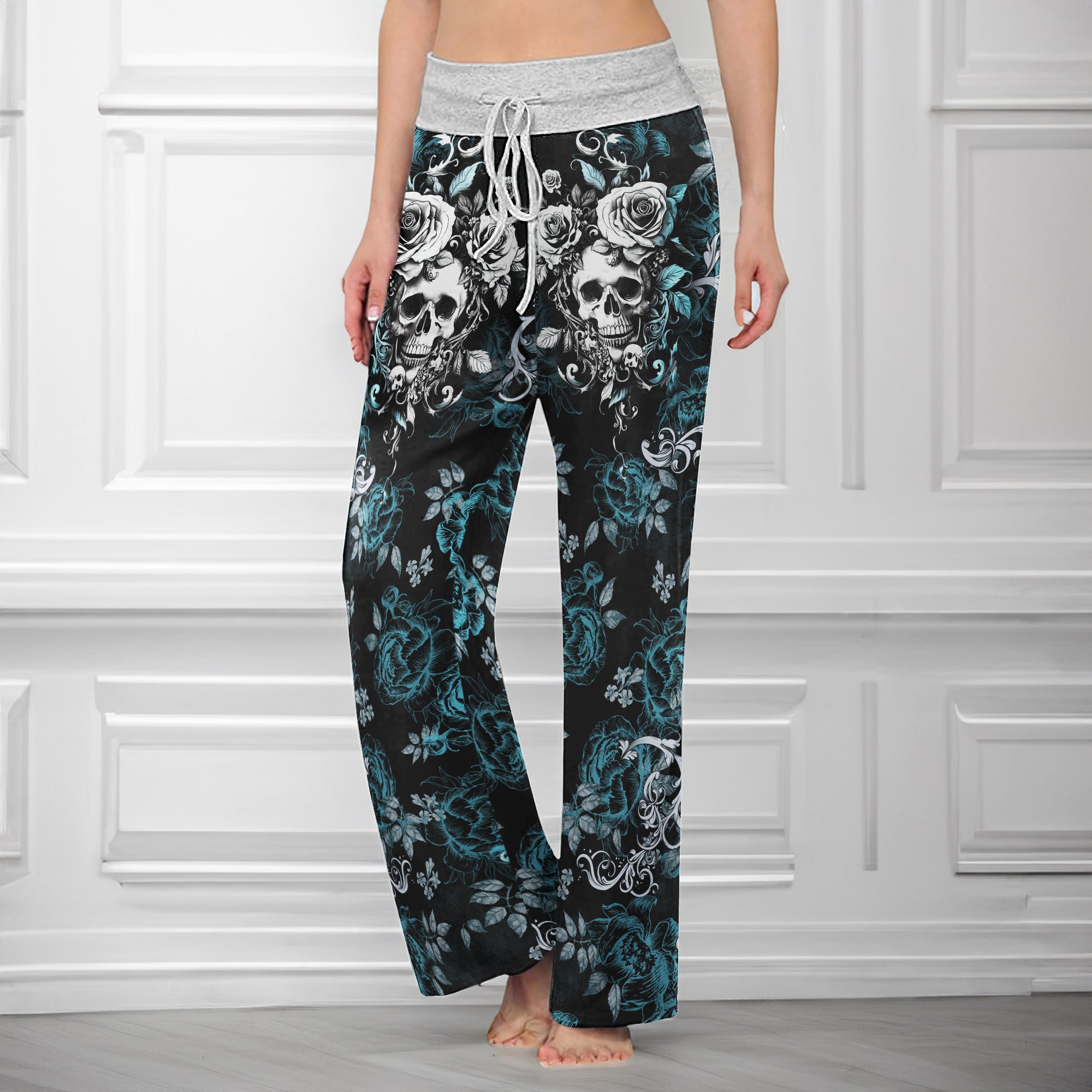 Cyan Skull Rose Floral Women's High-waisted Wide Leg Pants