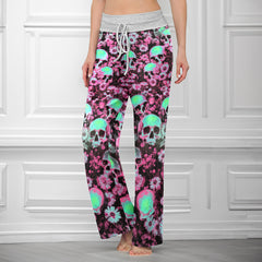 Neon Skull Flower Pattern Women's High-waisted Wide Leg Pants