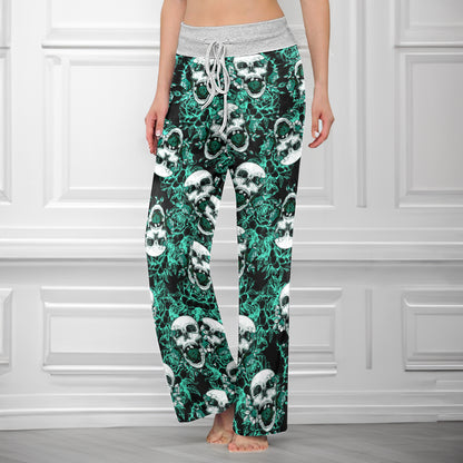 Thorned Rose Skull Pattern Women's High-waisted Wide Leg Pants