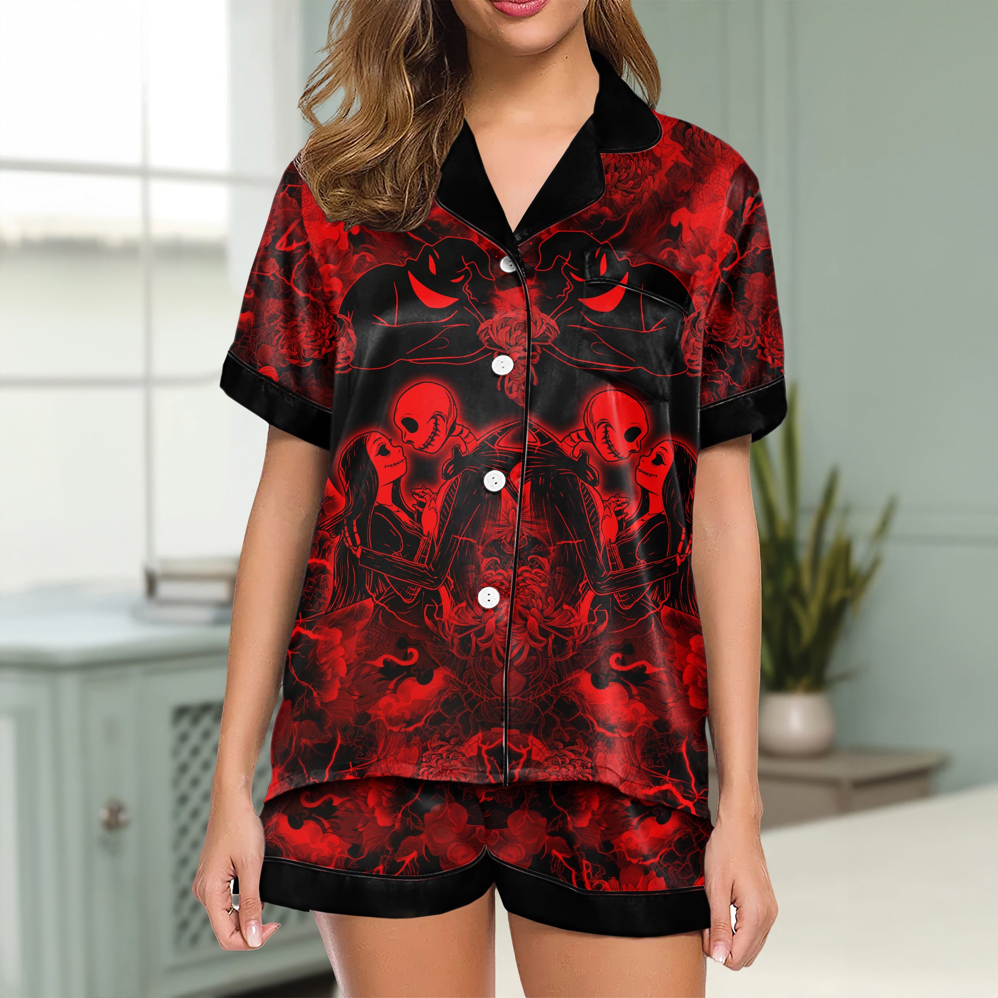 Red Midnight Romance Women's Pajama Sets Top Sleeve & Short Bottom