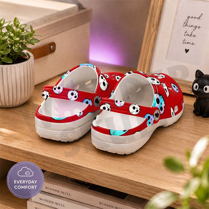 Wonder Skull Lightweight Clog Sandals are designed for all-day comfort. Featuring breathable ventilation holes, a cushioned footbed, and a pivoting heel strap, these versatile unisex clogs are perfect for use at home, outdoors, or at work — whatever your profession may be.