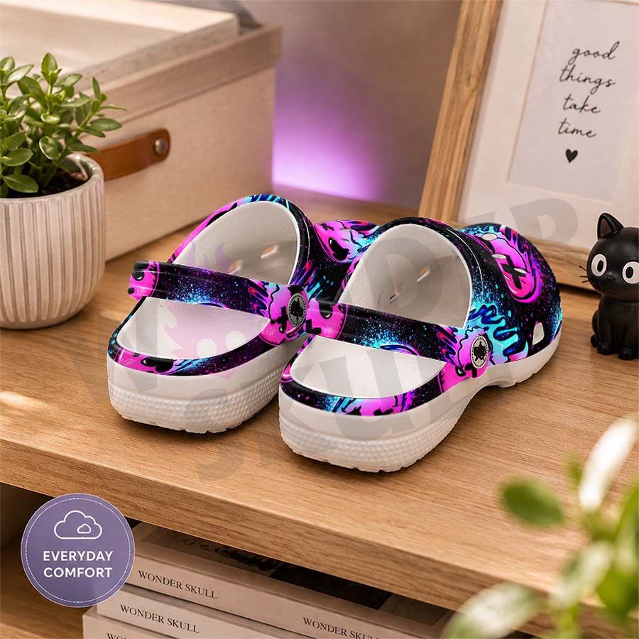 Wonder Skull Lightweight Clog Sandals are designed for all-day comfort. Featuring breathable ventilation holes, a cushioned footbed, and a pivoting heel strap, these versatile unisex clogs are perfect for use at home, outdoors, or at work — whatever your profession may be.