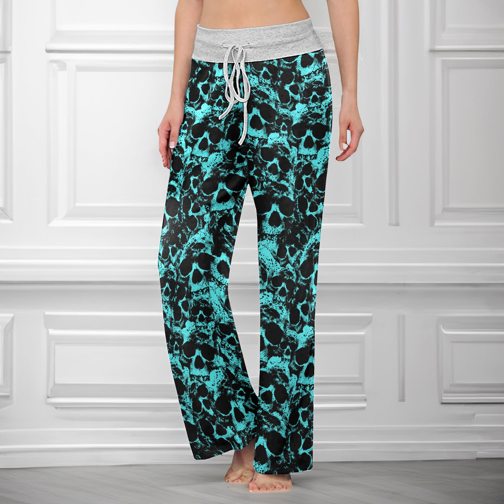 Cyan Skull Pattern Women's High-waisted Wide Leg Pants