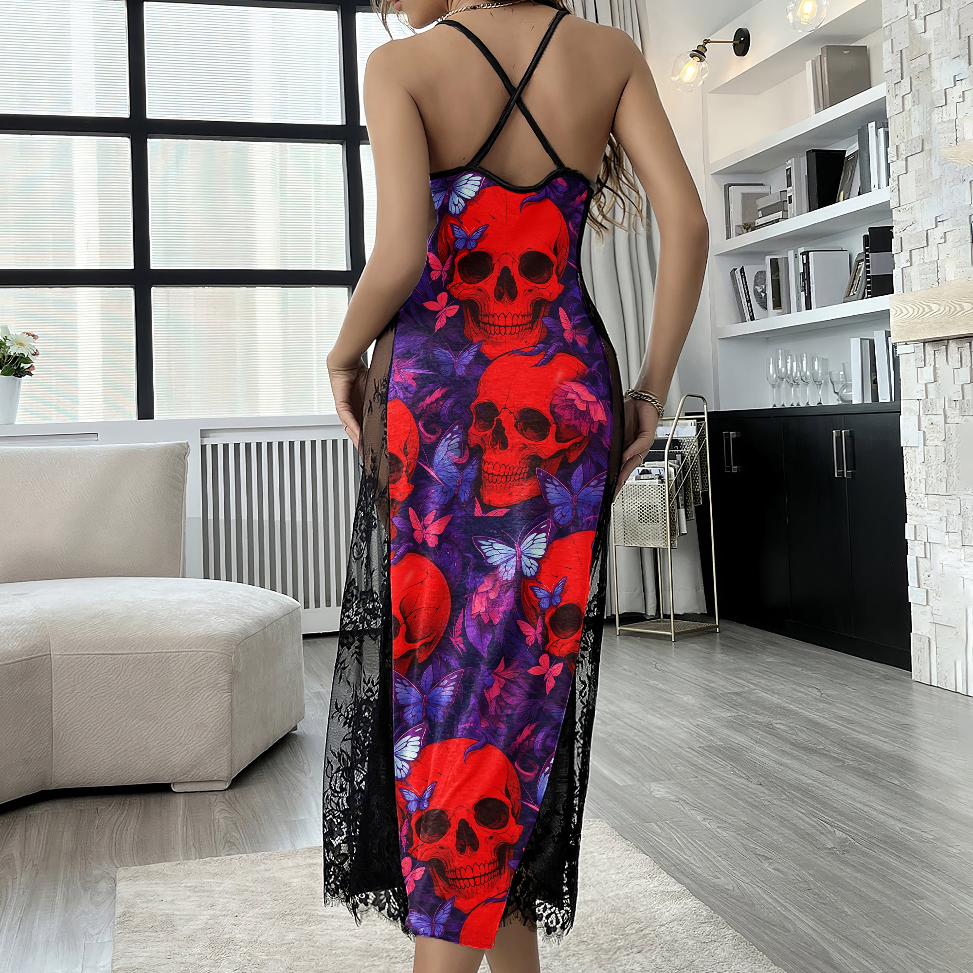 Red Skull Neon Pattern Women's Lace Cami Sleepwear