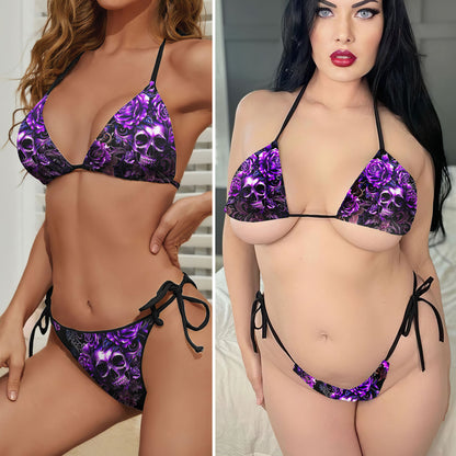 Purple Skull Rose Micro Triangle Bikini Swimsuit - Wonder Skull