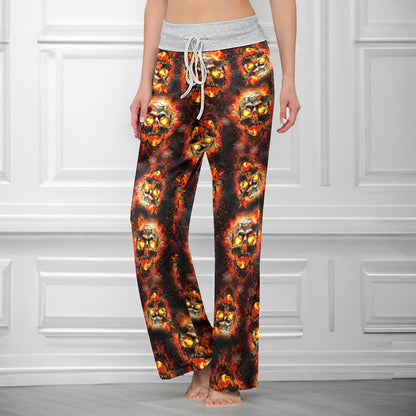 Hellfire Scorch Skulls Pattern Women's High-waisted Wide Leg Pants
