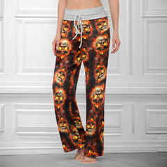 Hellfire Scorch Skulls Pattern Women's High-waisted Wide Leg Pants