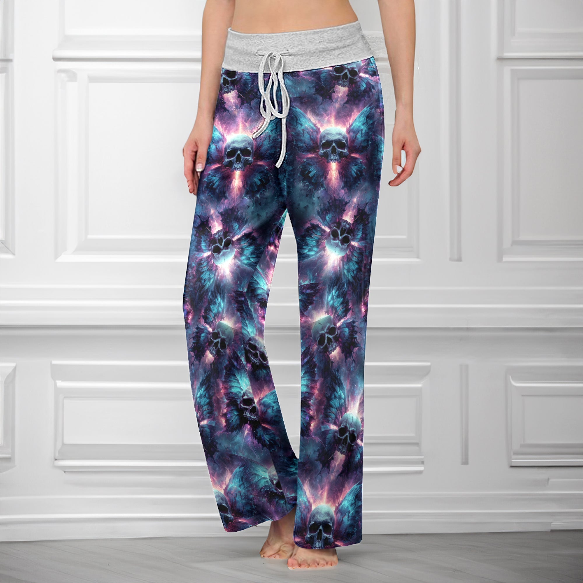 Galaxy Skull Butterfly Pattern Women's High-waisted Wide Leg Pants