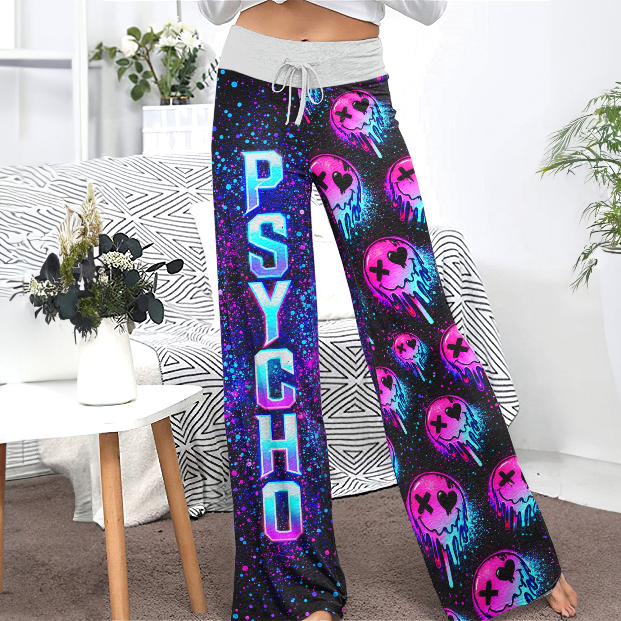 Neon Meltdown Skull Pattern Women's High-waisted Wide Leg Pants