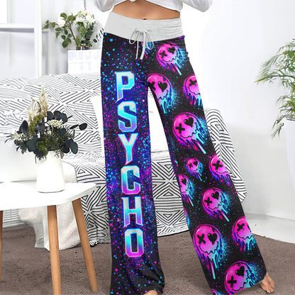 Neon Meltdown Skull Pattern Women's High-waisted Wide Leg Pants