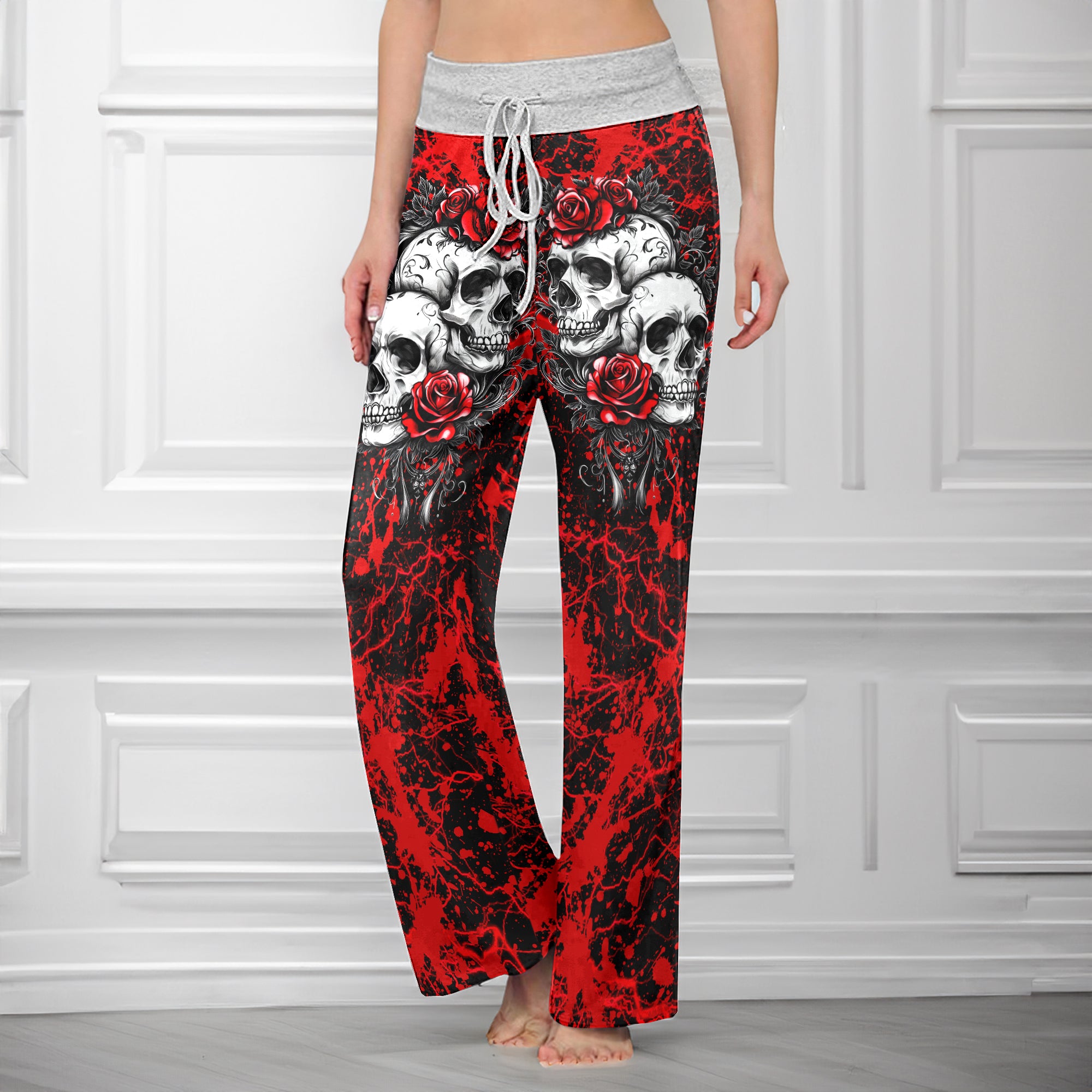 Red Skull Rose Art Women's High-waisted Wide Leg Pants