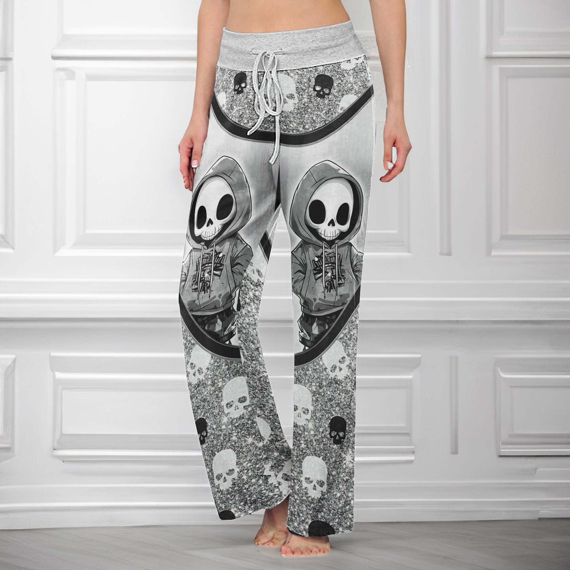 Skeleton Metal Glitter Art Women's High-waisted Wide Leg Pants