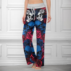 Rebel Rose Skull Pattern Women's High-waisted Wide Leg Pants
