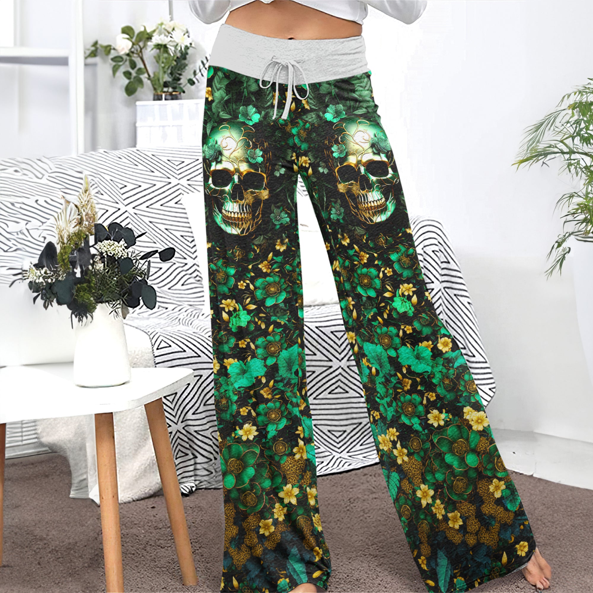 Emerald Gilded Skull Art Women's High-waisted Wide Leg Pants