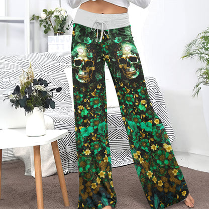 Emerald Gilded Skull Art Women's High-waisted Wide Leg Pants