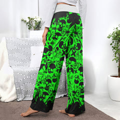 Black Green Skull Pattern Women's High-waisted Wide Leg Pants | Wonder Skull