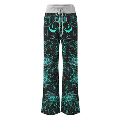 Cyan Floral Nightmare Theme Women's High-waisted Wide Leg Pants | Wonder Skull