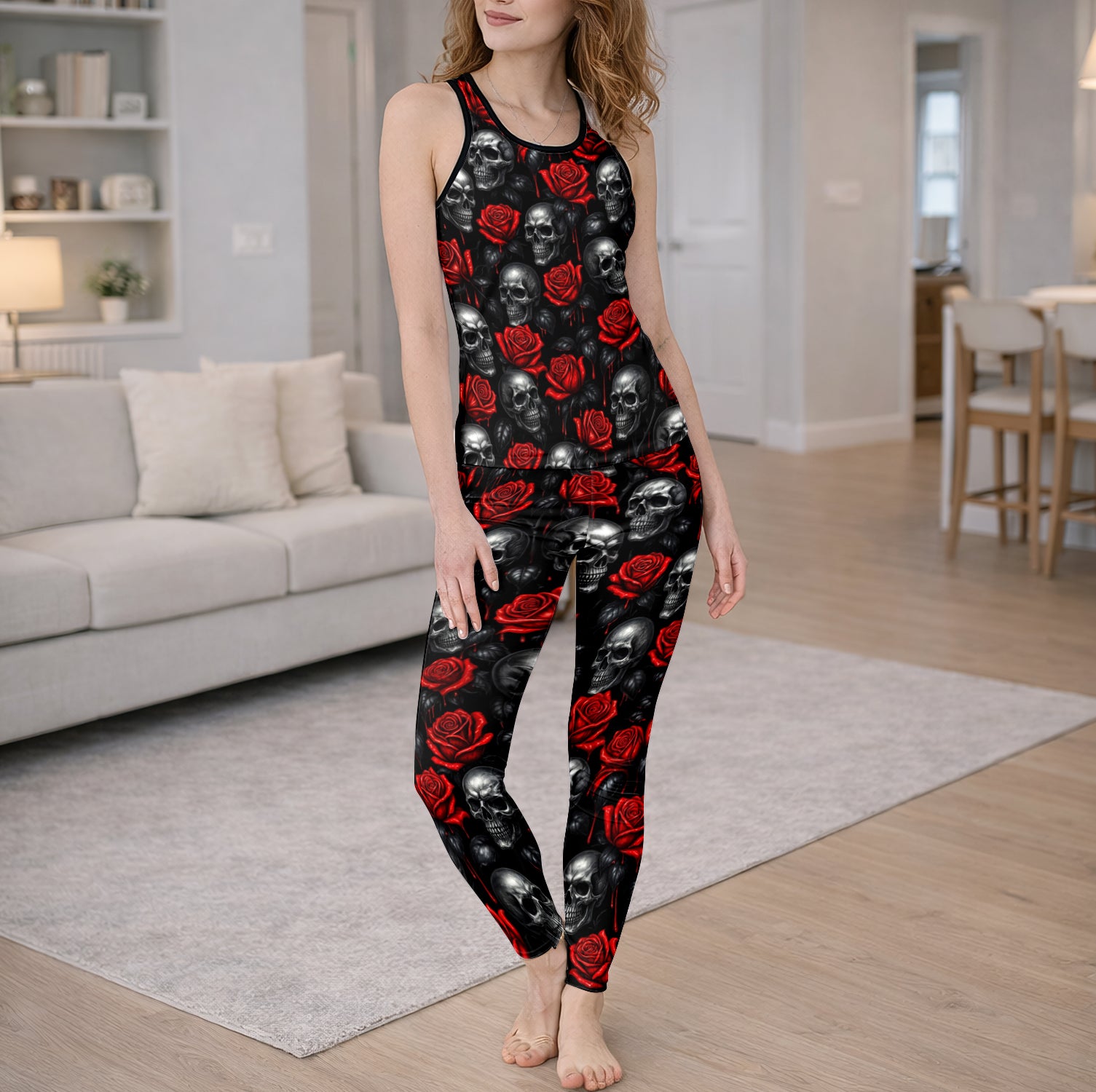 Gothic Bloom Crimson Skull Tanktop and Leggings