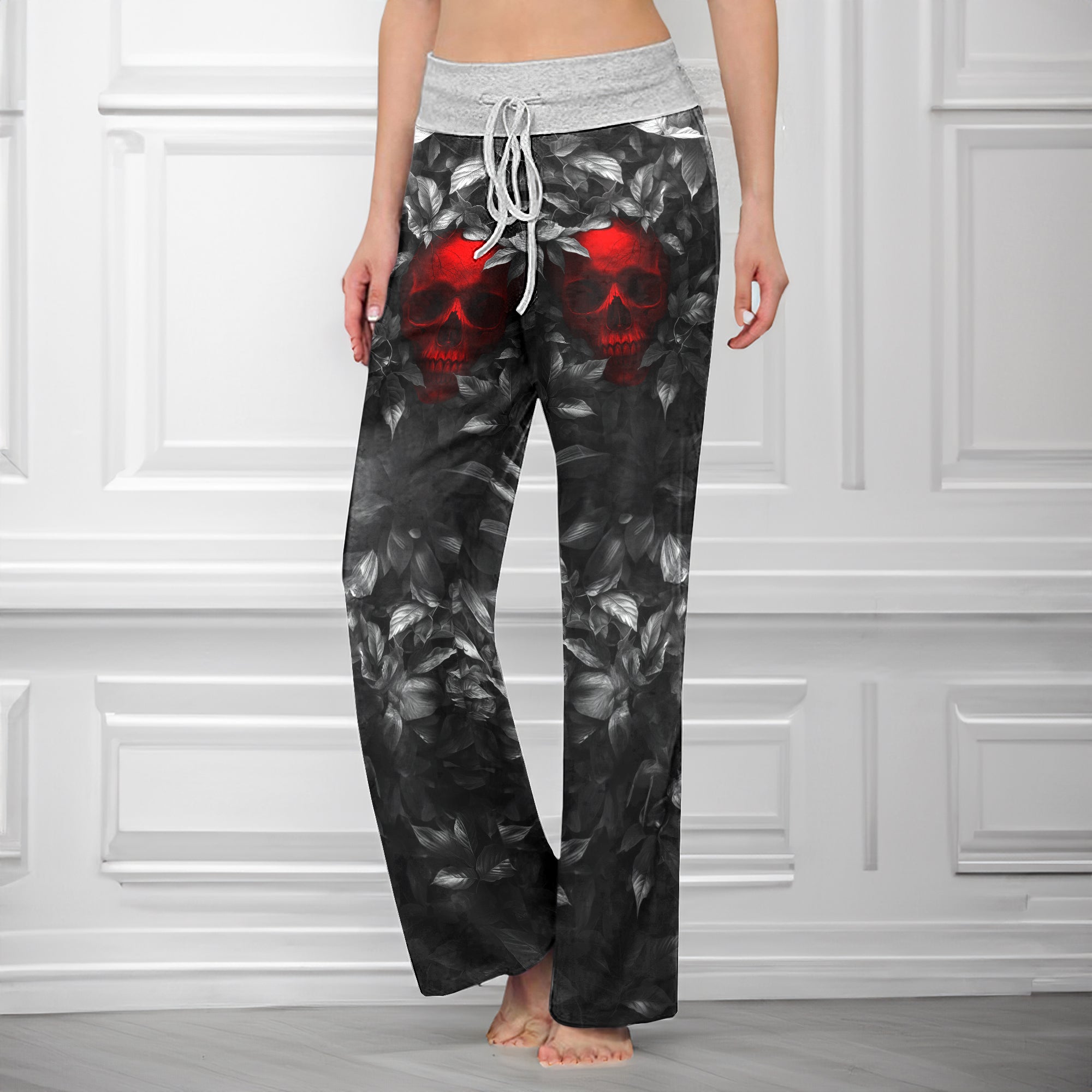 Red Skull Leaf Art Women's High-waisted Wide Leg Pants
