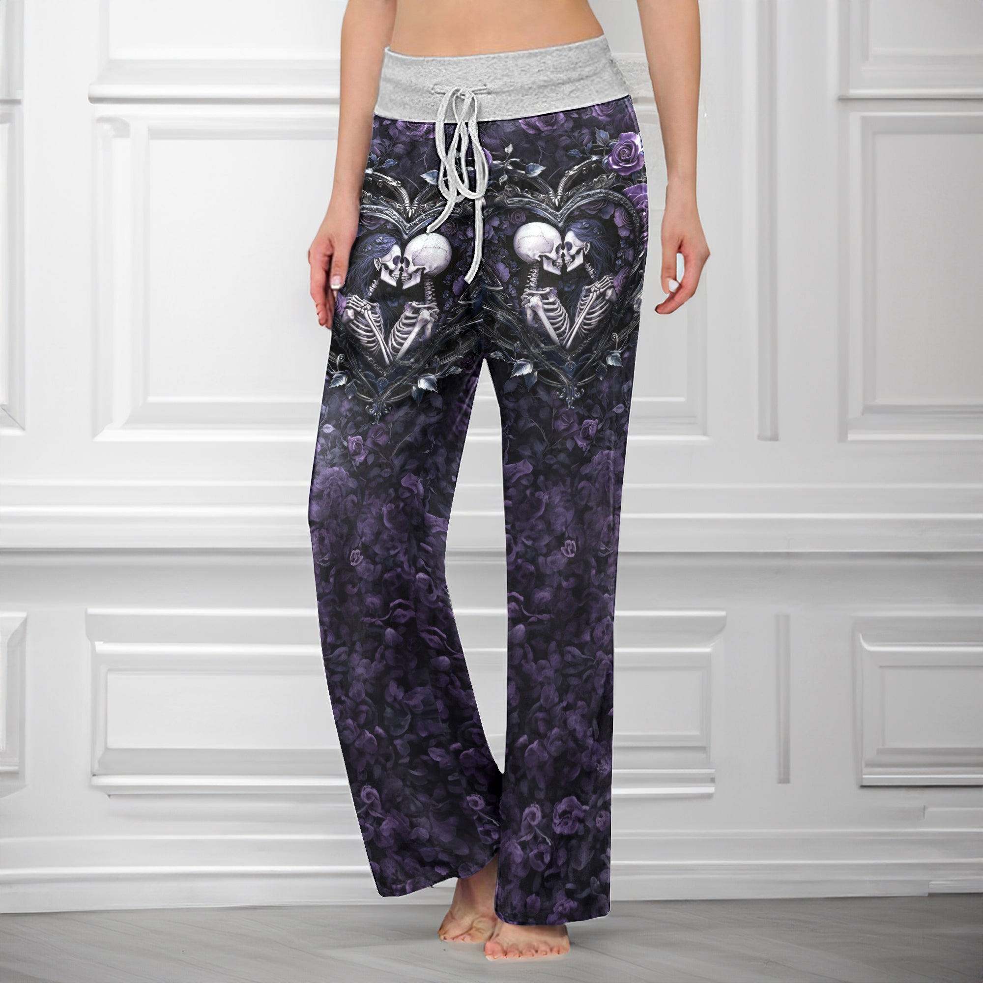 Purple Couple Skeleton Art Women's High-waisted Wide Leg Pants
