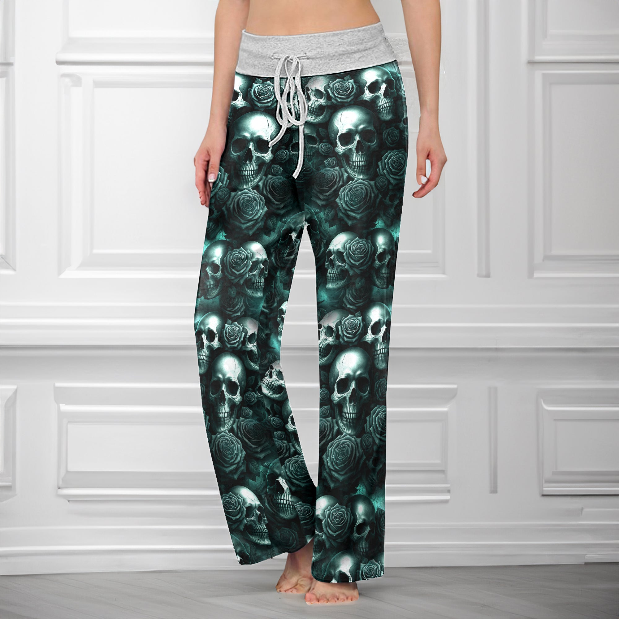 Dark Skull Rose Pattern Women's High-waisted Wide Leg Pants
