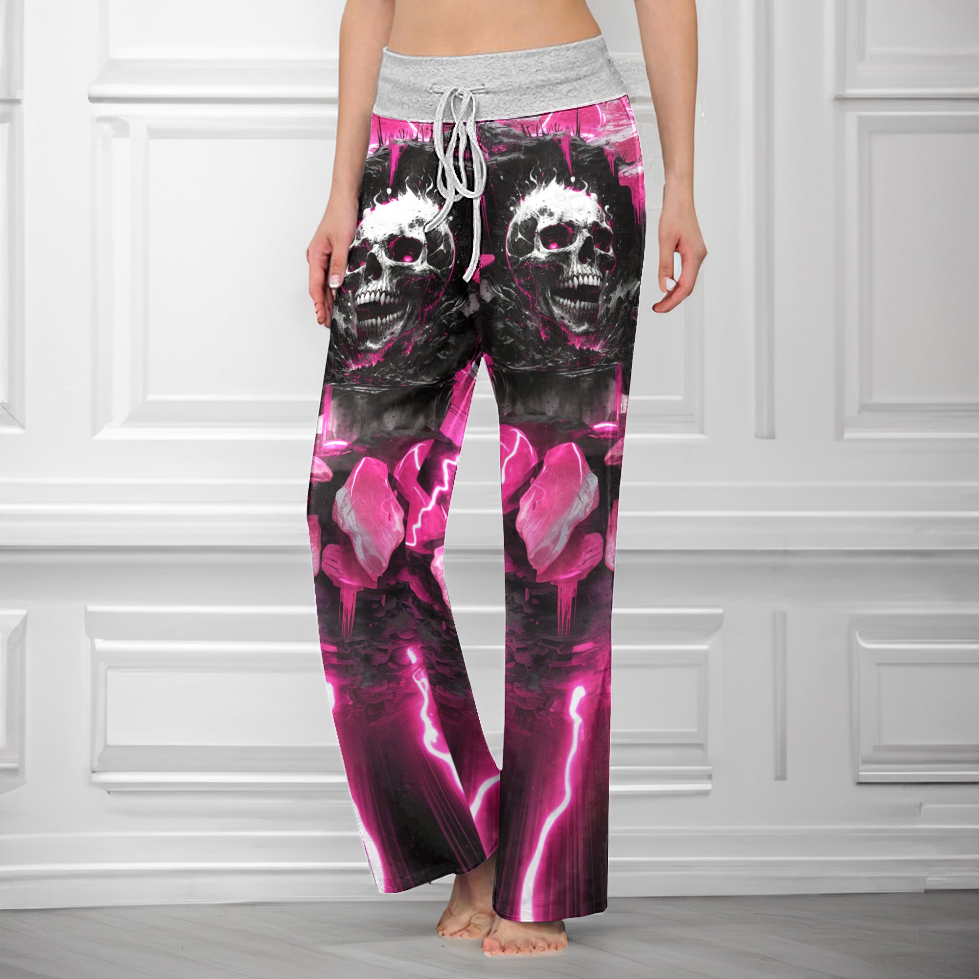 Pink Neon Skull Abstract Women's High-waisted Wide Leg Pants