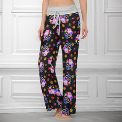 Colorful Skull Flower Pattern Women's High-waisted Wide Leg Pants