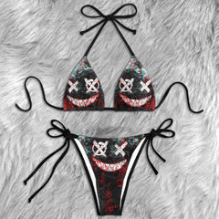 Glitch Effect Psycho Skull Micro Triangle Bikini Swimsuit - Wonder Skull