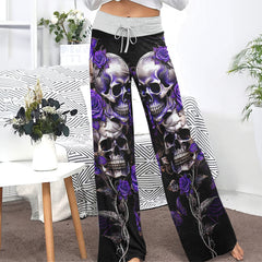 Violet Skull Flower Gothic Women's High-waisted Wide Leg Pants | Wonder Skull