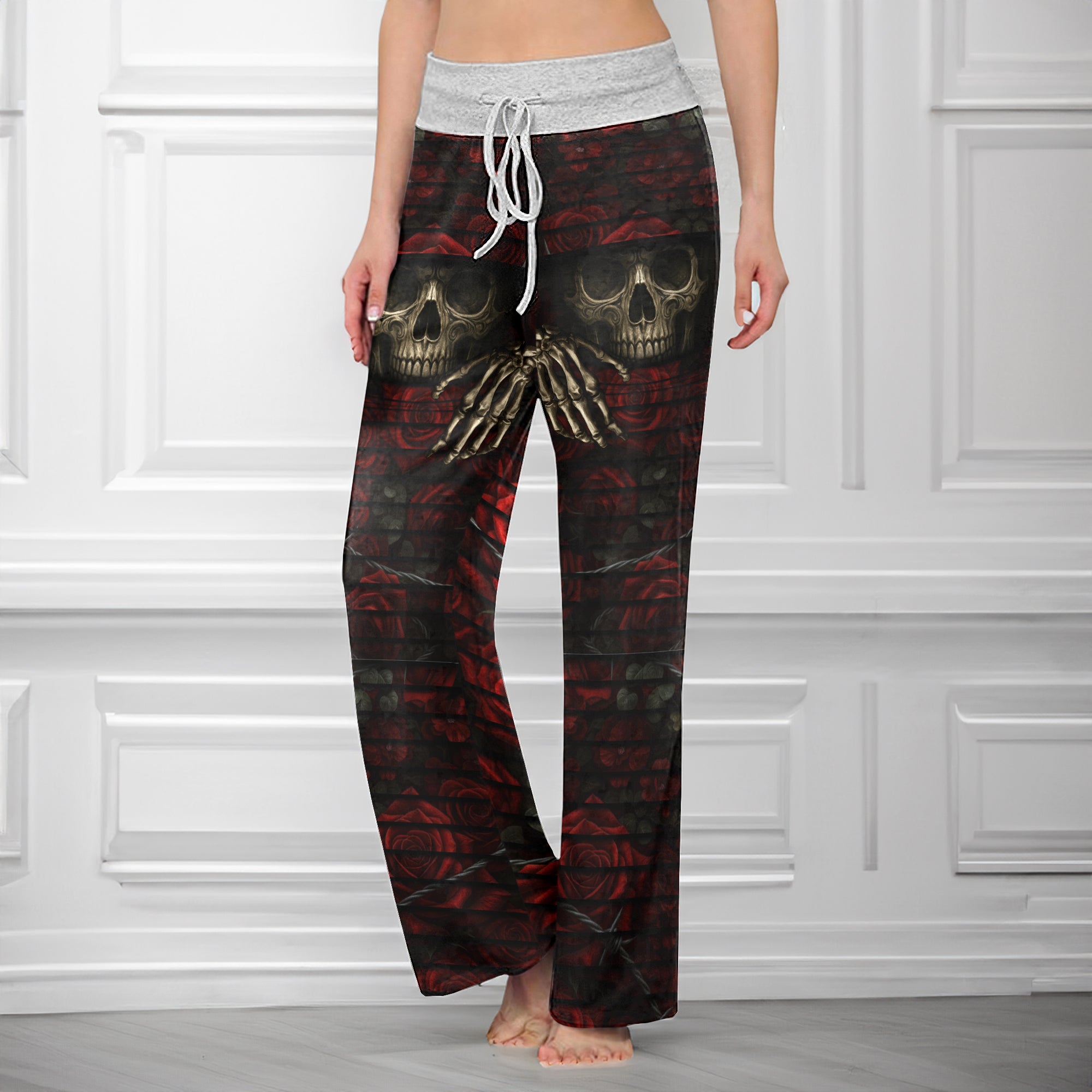 Barbed Heart Skull Rose Women's High-waisted Wide Leg Pants