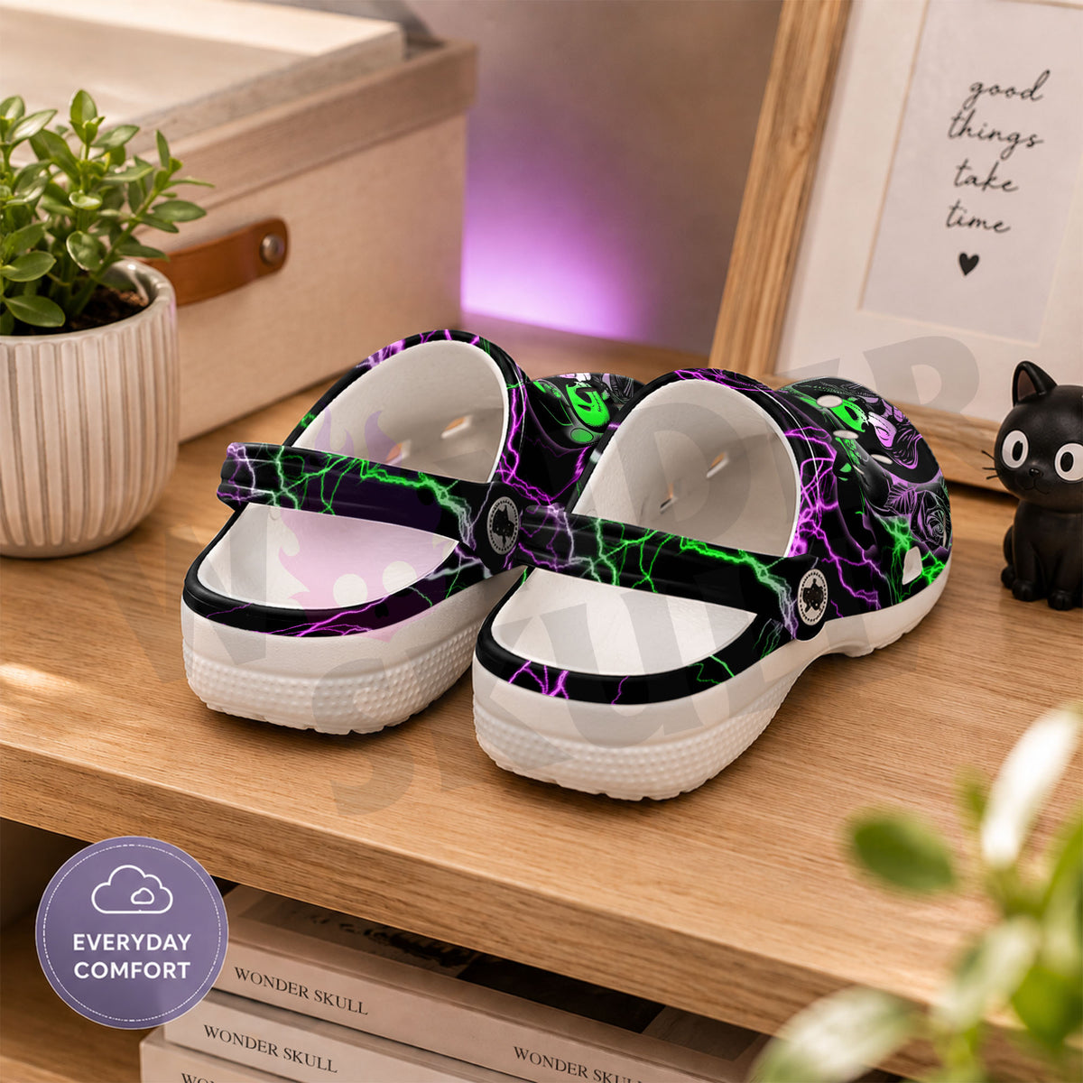 Wonder Skull Lightweight Clog Sandals are designed for all-day comfort. Featuring breathable ventilation holes, a cushioned footbed, and a pivoting heel strap, these versatile unisex clogs are perfect for use at home, outdoors, or at work — whatever your profession may be.
