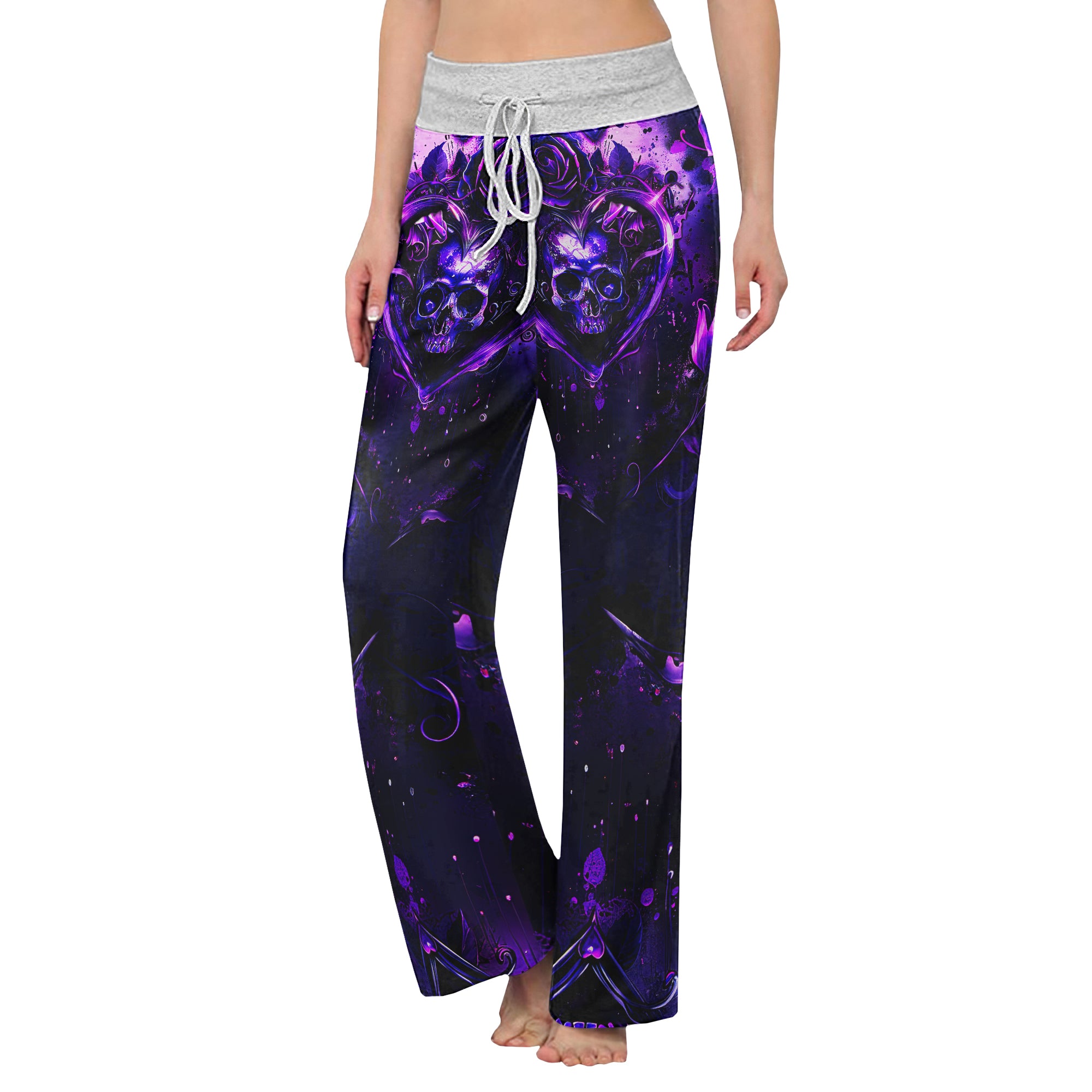 Purple Skull Flower Gothic Women's High-waisted Wide Leg Pants | Wonder Skull