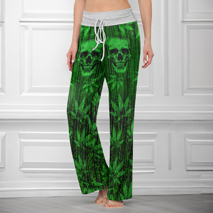Green Skull Leaf Art Women's High-waisted Wide Leg Pants
