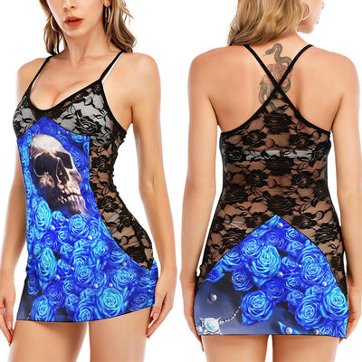 Blue Skull Rose Watercolor Women's Black Lace Babydolls Nightgowns | Women Sleepwear Babydoll, Nightgowns