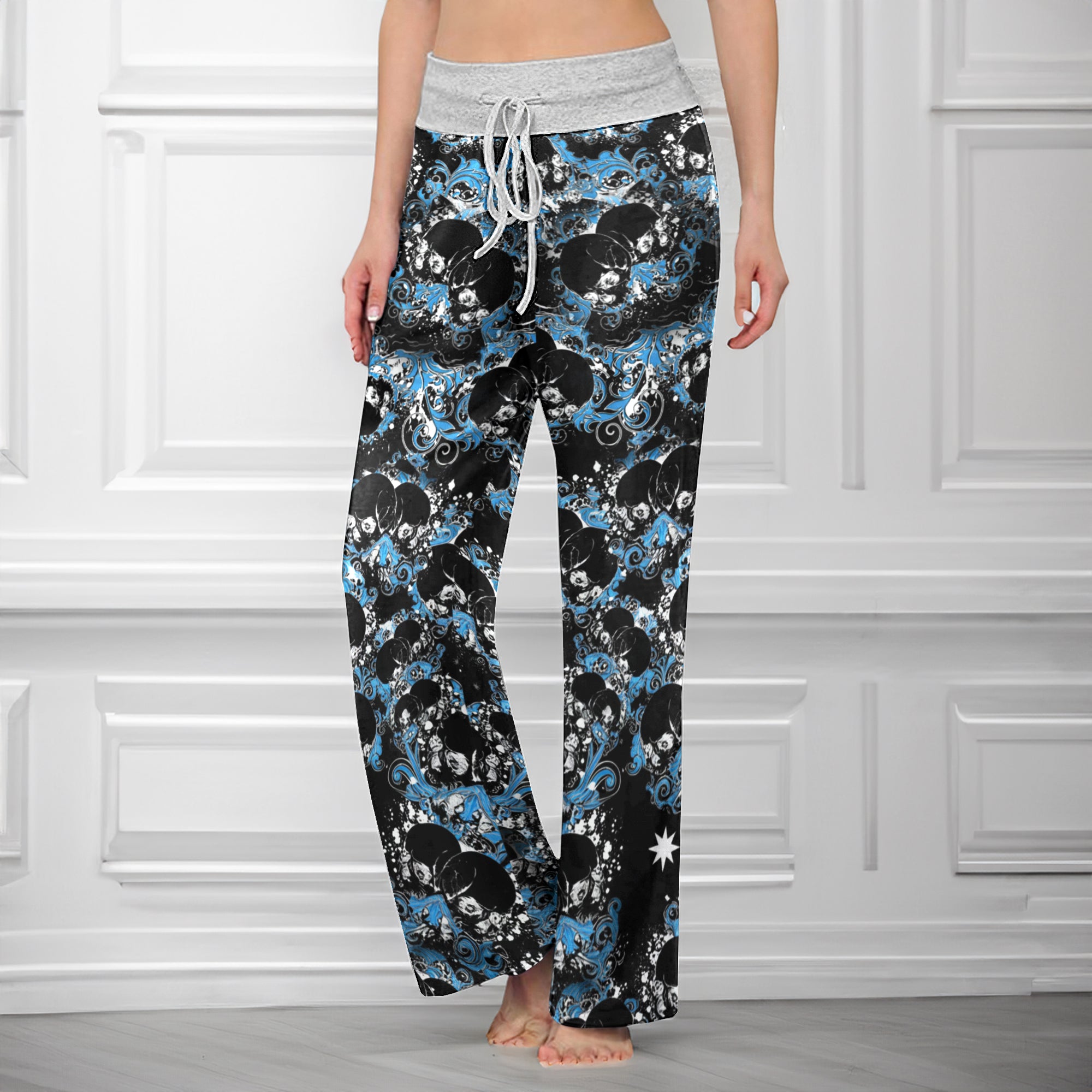 Baroque Blue Skull Swirl Women's High-waisted Wide Leg Pants