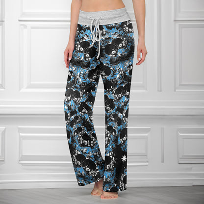 Baroque Blue Skull Swirl Women's High-waisted Wide Leg Pants