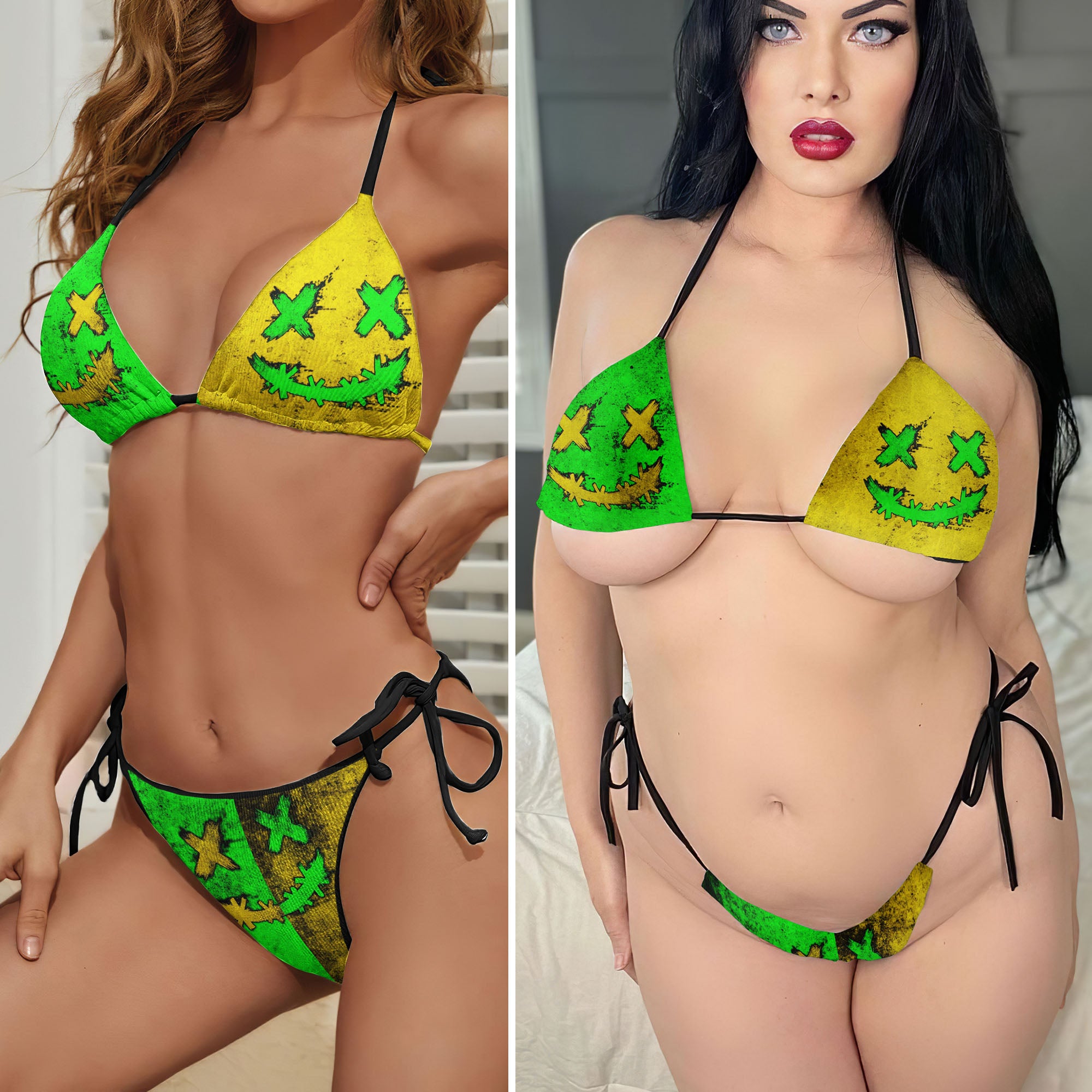 Green Yellow Crazy Face Micro Triangle Bikini Swimsuit - Wonder Skull