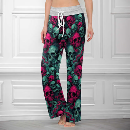 Toxic Pink Skulls Pattern Women's High-waisted Wide Leg Pants