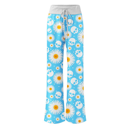 Blue Daisy Skull Women's High-waisted Wide Leg Pants | Wonder Skull