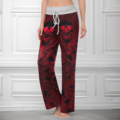 Dark Red Skull Pattern Women's High-waisted Wide Leg Pants
