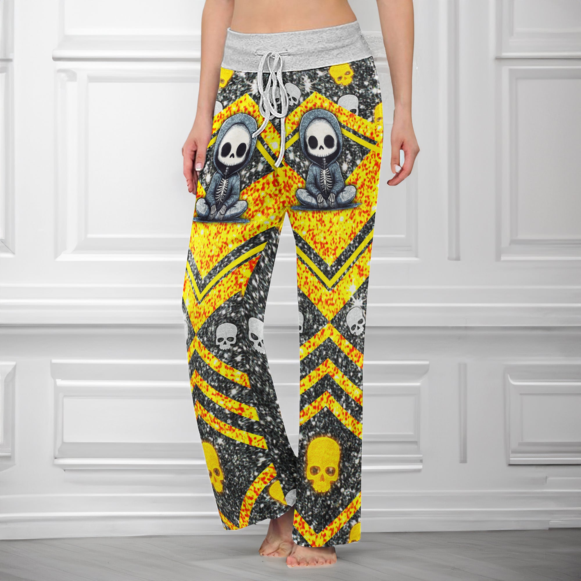 Skeleton Yellow Glitter Art Women's High-waisted Wide Leg Pants